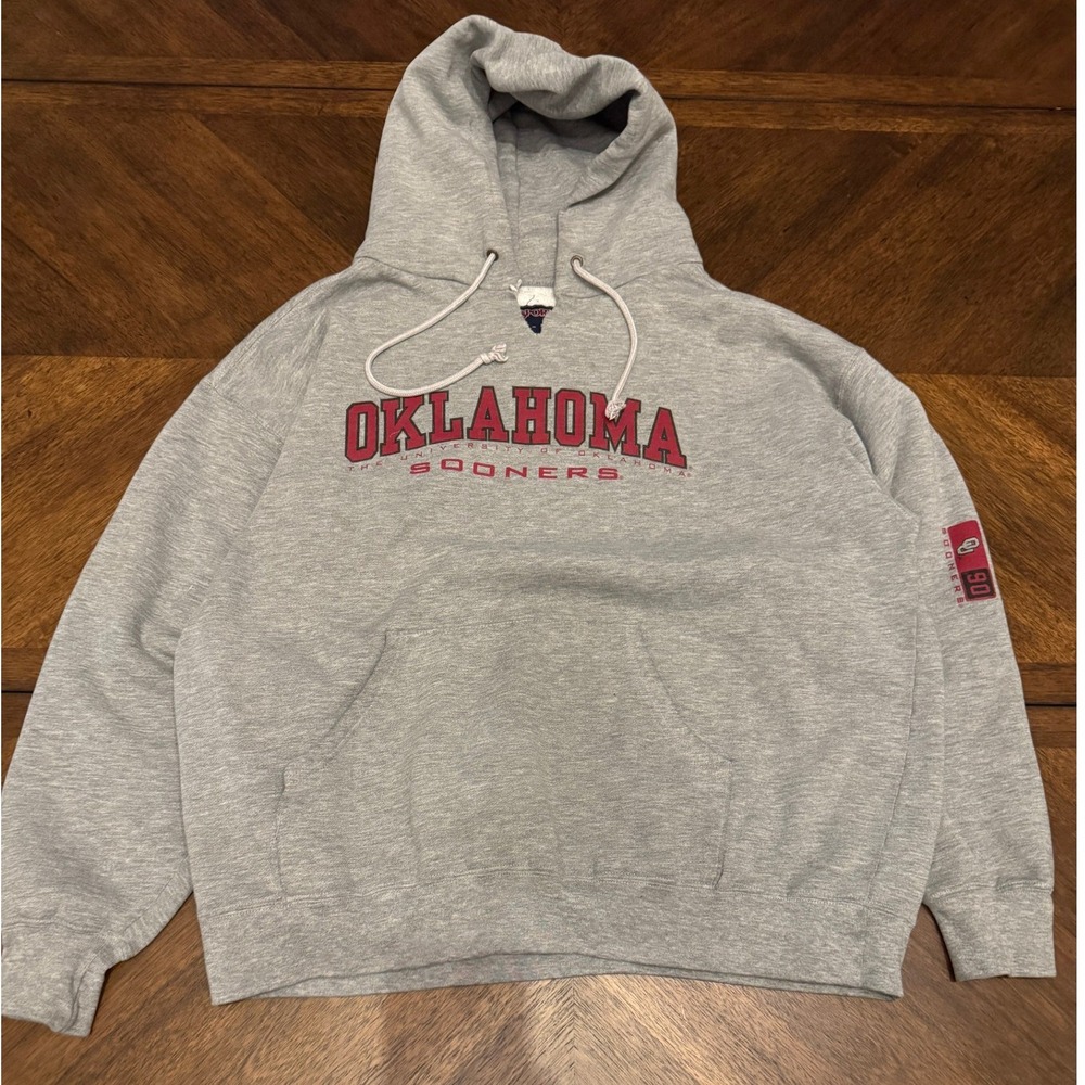 Vintage JanSport Oklahoma Sooners Hoodie Gray Mens Large OU Sweatshirt Cut Neck‎